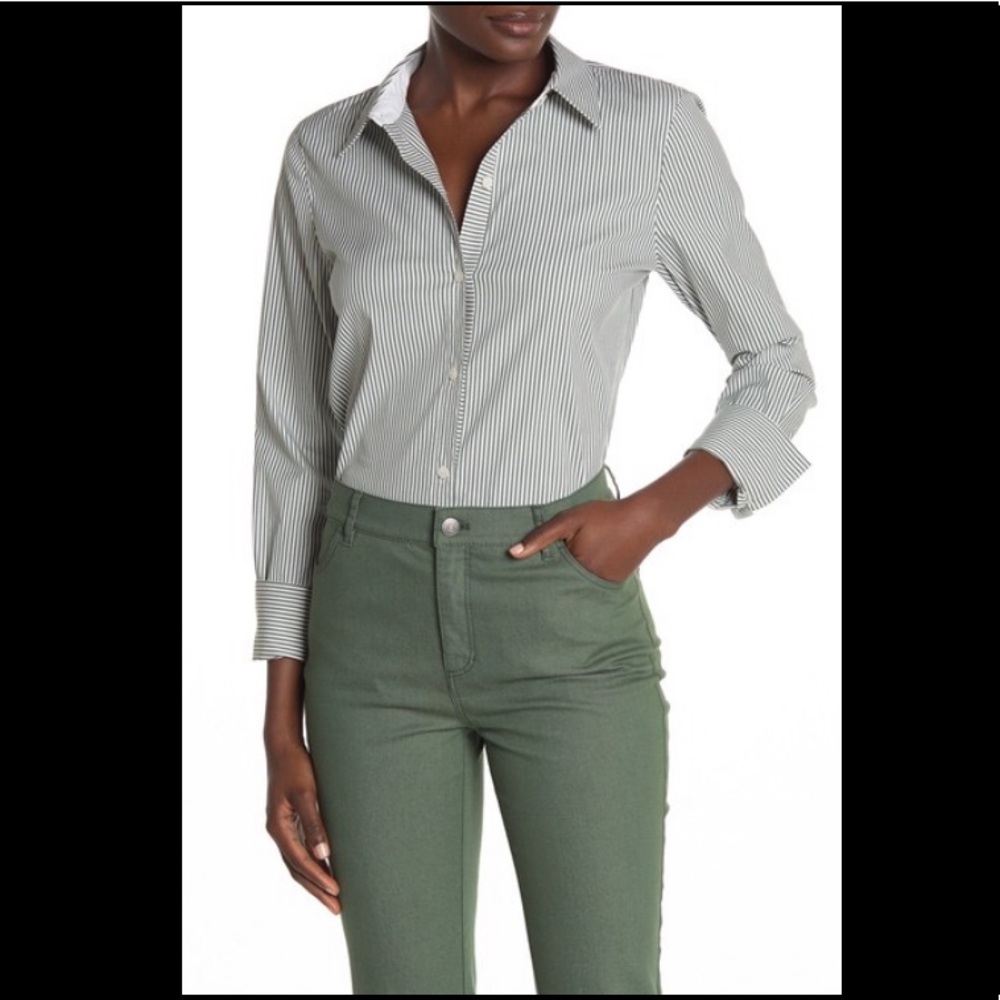 Lafayette 148 Green Striped Button Down Shirt